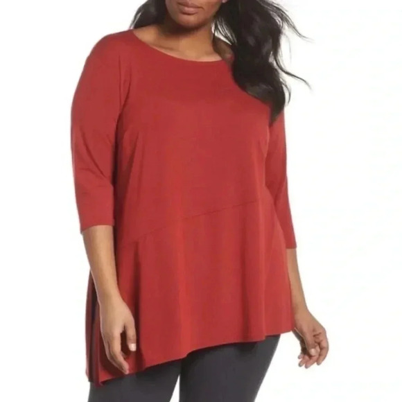 Eileen Fisher Asymmetric Jersey Top Women’s M Burnt Orange Boho Artsy Lagenlook - Picture 1 of 14